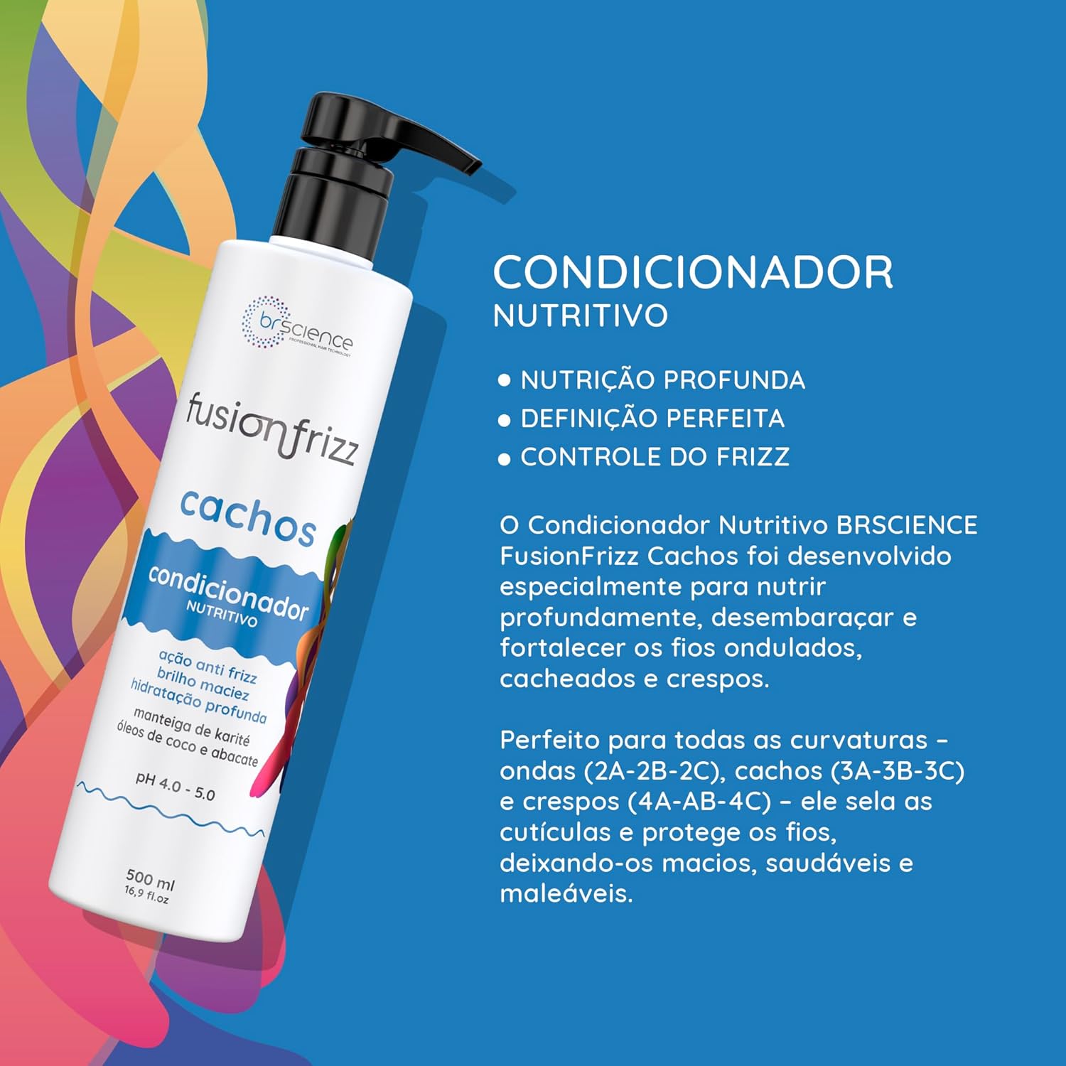 Kit Shampoo, Condicionador e Creme de Pentear Modelador de Ondas Brscience FusionFrizz Cachos – Limpeza, Hidratação e Definição Suave para Cabelos Ondulados 2A, 2B e 2C – 3x500ml