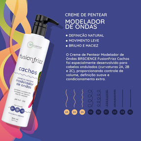 Kit Shampoo, Condicionador e Creme de Pentear Modelador de Ondas Brscience FusionFrizz Cachos – Limpeza, Hidratação e Definição Suave para Cabelos Ondulados 2A, 2B e 2C – 3x500ml