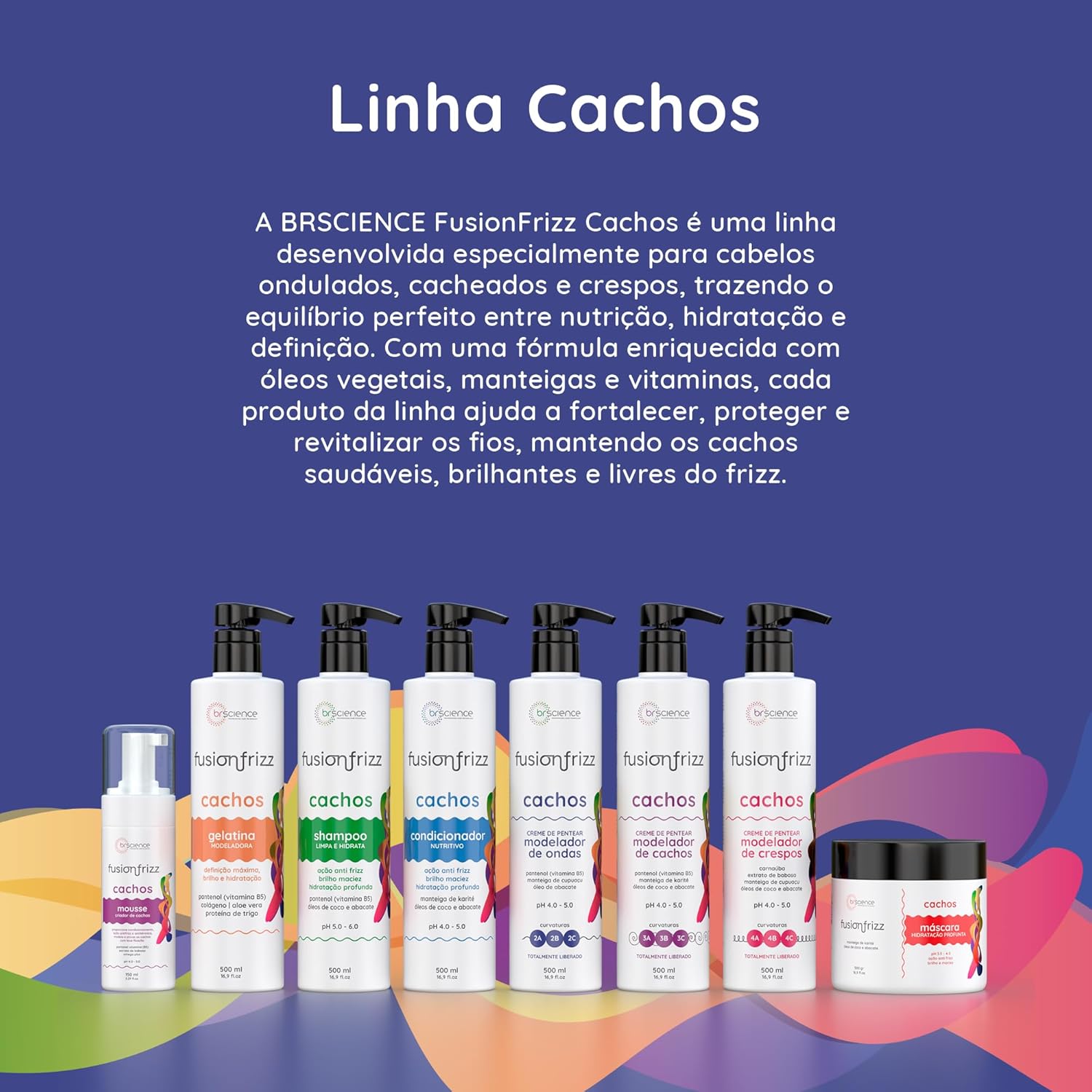 Kit Shampoo, Condicionador e Creme de Pentear Modelador de Ondas Brscience FusionFrizz Cachos – Limpeza, Hidratação e Definição Suave para Cabelos Ondulados 2A, 2B e 2C – 3x500ml